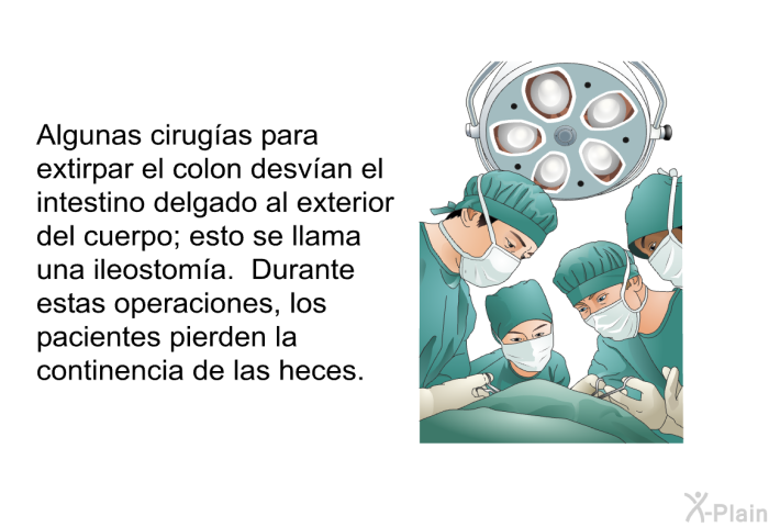Algunas cirugas para extirpar el colon desvan el intestino delgado al exterior del cuerpo; esto se llama una ileostoma. Durante estas operaciones, los pacientes pierden la continencia de las heces.