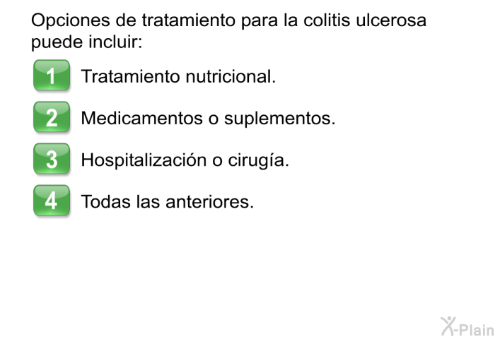Opciones de tratamiento para la colitis ulcerosa puede incluir:  Tratamiento nutricional. Medicamentos o suplementos. Hospitalizacin o ciruga. Todas las anteriores.