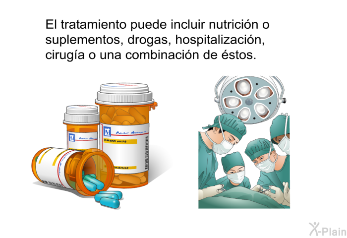 El tratamiento puede incluir nutricin o suplementos, drogas, hospitalizacin, ciruga o una combinacin de stos.