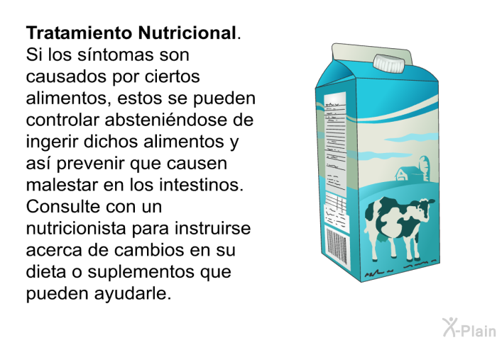 <B>Tratamiento Nutricional. </B> Si los sntomas son causados por ciertos alimentos, estos se pueden controlar abstenindose de ingerir dichos alimentos y as prevenir que causen malestar en los intestinos. Consulte con un nutricionista para instruirse acerca de cambios en su dieta o suplementos que pueden ayudarle.