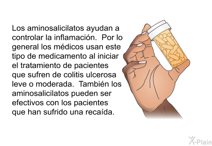 Los aminosalicilatos ayudan a controlar la inflamacin. Por lo general los mdicos usan este tipo de medicamento al iniciar el tratamiento de pacientes que sufren de colitis ulcerosa leve o moderada. Tambin los aminosalicilatos pueden ser efectivos con los pacientes que han sufrido una recada.