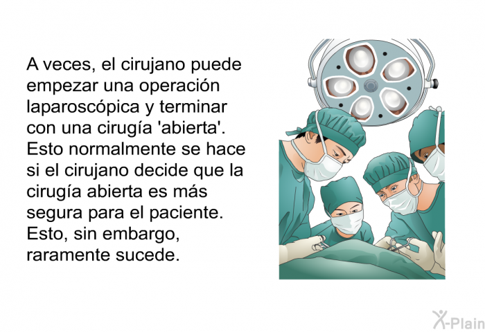 A veces, el cirujano puede empezar una operaci�n laparosc�pica y terminar con una cirug�a  abierta'. Esto normalmente se hace si el cirujano decide que la cirug�a abierta es m�s segura para el paciente. Esto, sin embargo, raramente sucede.