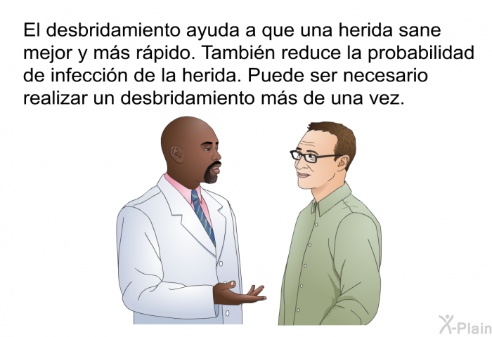 El desbridamiento ayuda a que una herida sane mejor y ms rpido. Tambin reduce la probabilidad de infeccin de la herida. Puede ser necesario realizar un desbridamiento ms de una vez.