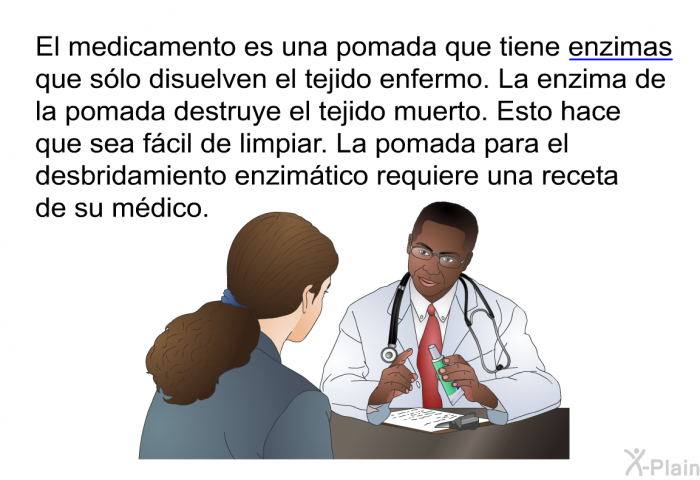 El medicamento es una pomada que tiene enzimas que slo disuelven el tejido enfermo. La enzima de la pomada destruye el tejido muerto. Esto hace que sea fcil de limpiar. La pomada para el desbridamiento enzimtico requiere una receta de su mdico.