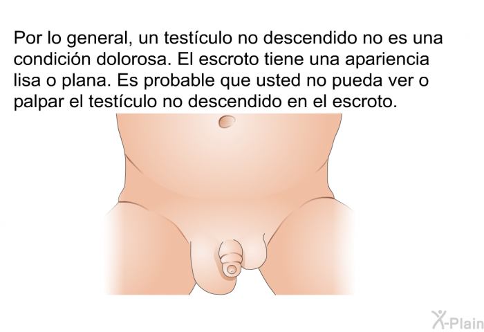 Por lo general, un testculo no descendido no es una condicin dolorosa. El escroto tiene una apariencia lisa o plana. Es probable que usted no pueda ver o palpar el testculo no descendido en el escroto.