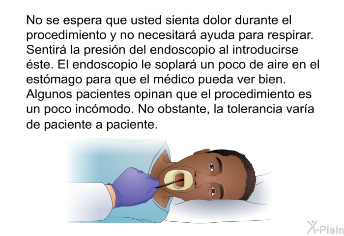 No se espera que usted sienta dolor durante el procedimiento y no necesitar ayuda para respirar. Sentir la presin del endoscopio al introducirse ste. El endoscopio le soplar un poco de aire en el estmago para que el mdico pueda ver bien. Algunos pacientes opinan que el procedimiento es un poco incmodo. No obstante, la tolerancia vara de paciente a paciente.