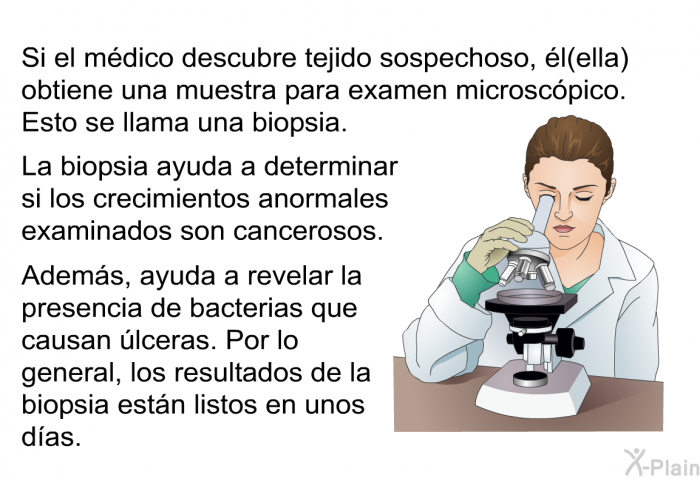 Si el mdico descubre tejido sospechoso, l(ella) obtiene una muestra para examen microscpico. Esto se llama una biopsia. La biopsia ayuda a determinar si los crecimientos anormales examinados son cancerosos. Adems, ayuda a revelar la presencia de bacterias que causan lceras. Por lo general, los resultados de la biopsia estn listos en unos das.