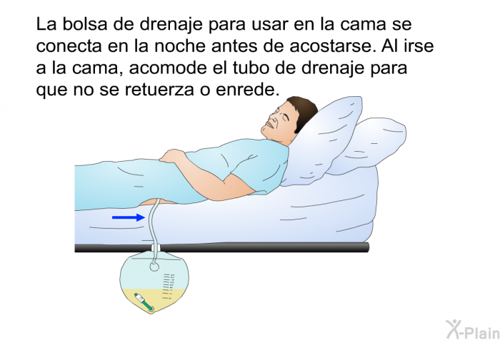 La bolsa de drenaje para usar en la cama se conecta en la noche antes de acostarse. Al irse a la cama, acomode el tubo de drenaje para que no se retuerza o enrede.