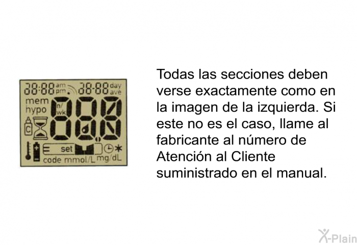 Todas las secciones deben verse exactamente como en la imagen de la izquierda. Si este no es el caso, llame al fabricante al nmero de Atencin al Cliente suministrado en el manual.