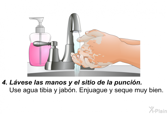 L�vese las manos y el sitio de la punci�n.
Use agua tibia y jab�n. Enjuague y seque muy bien.