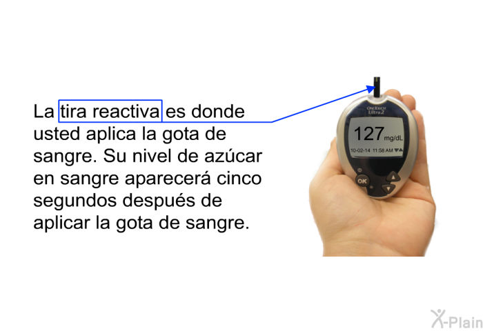 La tira reactiva es donde usted aplica la gota de sangre. Su nivel de azcar en sangre aparecer cinco segundos despus de aplicar la gota de sangre.