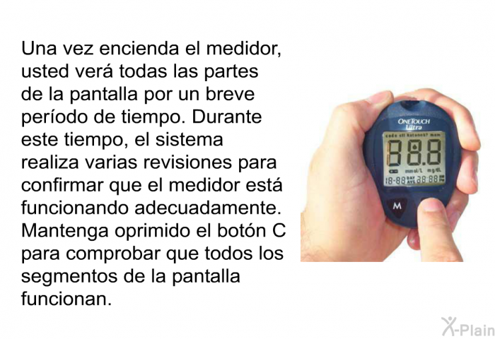 Una vez encienda el medidor, usted ver todas las partes de la pantalla por un breve perodo de tiempo. Durante este tiempo, el sistema realiza varias revisiones para confirmar que el medidor est funcionando adecuadamente. Mantenga oprimido el botn C para comprobar que todos los segmentos de la pantalla funcionan.