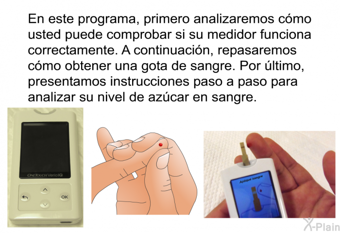 En este programa, primero analizaremos cmo usted puede comprobar si su medidor funciona correctamente. A continuacin, repasaremos cmo obtener una gota de sangre. Por ltimo, presentamos instrucciones paso a paso para analizar su nivel de azcar en sangre.