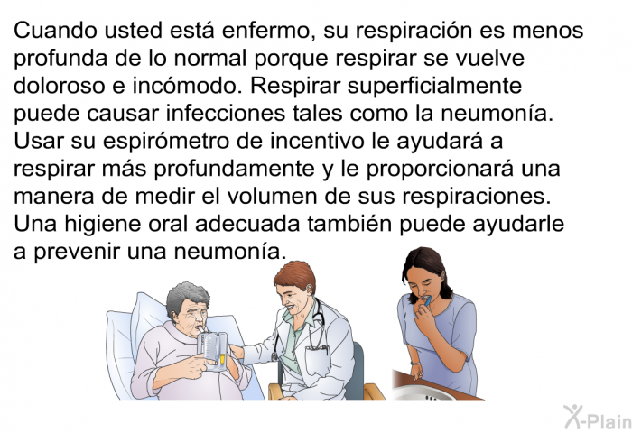 Cuando usted est enfermo, su respiracin es menos profunda de lo normal porque respirar se vuelve doloroso e incmodo. Respirar superficialmente puede causar infecciones tales como la neumona. Usar su espirmetro de incentivo le ayudar a respirar ms profundamente y le proporcionar una manera de medir el volumen de sus respiraciones. Una higiene oral adecuada tambin puede ayudarle a prevenir una neumona.