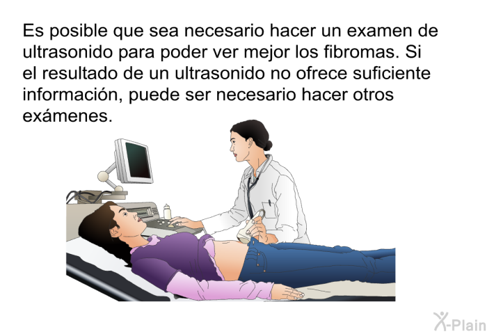 Es posible que sea necesario hacer un examen de ultrasonido para poder ver mejor los fibromas. Si el resultado de un ultrasonido no ofrece suficiente informaci�n, puede ser necesario hacer otros ex�menes.