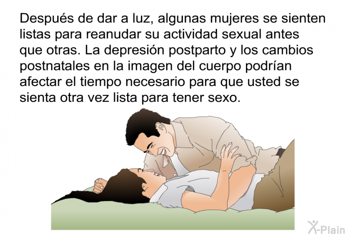 Despus de dar a luz, algunas mujeres se sienten listas para reanudar su actividad sexual antes que otras. La depresin postparto y los cambios postnatales en la imagen del cuerpo podran afectar el tiempo necesario para que usted se sienta otra vez lista para tener sexo.