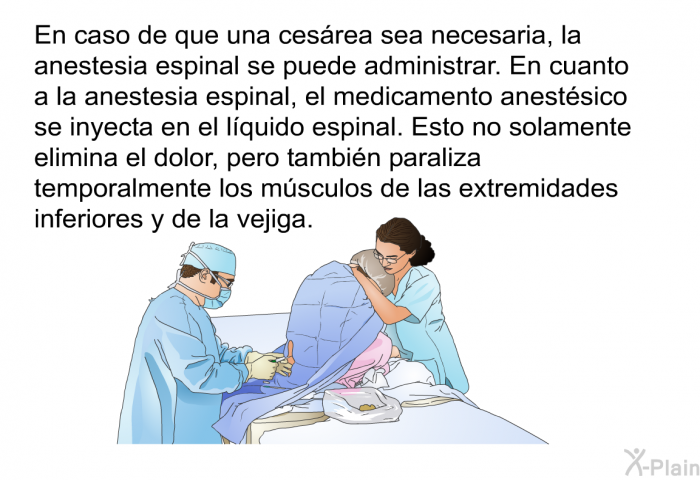 En caso de que una cesrea sea necesaria, la anestesia espinal se puede administrar. En cuanto a la anestesia espinal, el medicamento anestsico se inyecta en el lquido espinal. Esto no solamente elimina el dolor, pero tambin paraliza temporalmente los msculos de las extremidades inferiores y de la vejiga.
