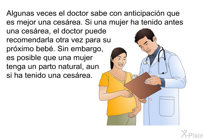 Algunas veces el doctor sabe con anticipaci�n que es mejor una ces�rea. Si una mujer ha tenido antes una ces�rea, el doctor puede recomendarla otra vez para su pr�ximo beb�. Sin embargo, es posible que una mujer tenga un parto natural, aun si ha tenido una ces�rea.