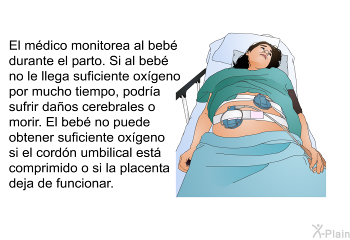 El m�dico monitorea al beb� durante el parto. Si al beb� no le llega suficiente ox�geno por mucho tiempo, podr�a sufrir da�os cerebrales o morir. El beb� no puede obtener suficiente ox�geno si el cord�n umbilical est� comprimido o si la placenta deja de funcionar.