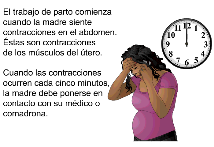 El trabajo de parto comienza cuando la madre siente contracciones en el abdomen. &Eacute;stas son contracciones de los m�sculos del �tero. Cuando las contracciones ocurren cada cinco minutos, la madre debe ponerse en contacto con su m�dico o comadrona.
