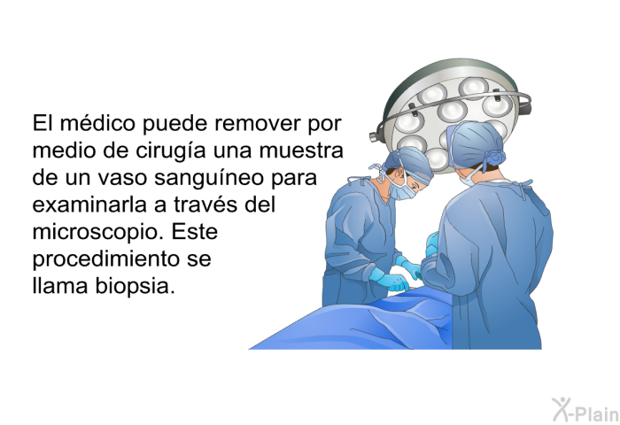 El mdico puede remover por medio de ciruga una muestra de un vaso sanguneo para examinarla a travs del microscopio. Este procedimiento se llama biopsia.