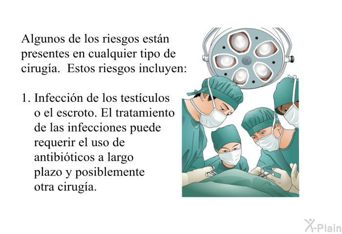 Algunos de los riesgos estn presentes en cualquier tipo de ciruga. Estos riesgos incluyen:  Infeccin de los testculos o el escroto. El tratamiento de las infecciones puede requerir el uso de antibiticos a largo plazo y posiblemente otra ciruga.