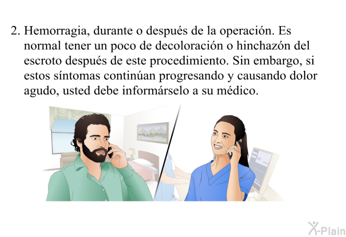 Hemorragia, durante o despus de la operacin. Es normal tener un poco de decoloracin o hinchazn del escroto despus de este procedimiento. Sin embargo, si estos sntomas continan progresando y causando dolor agudo, usted debe informrselo a su mdico.