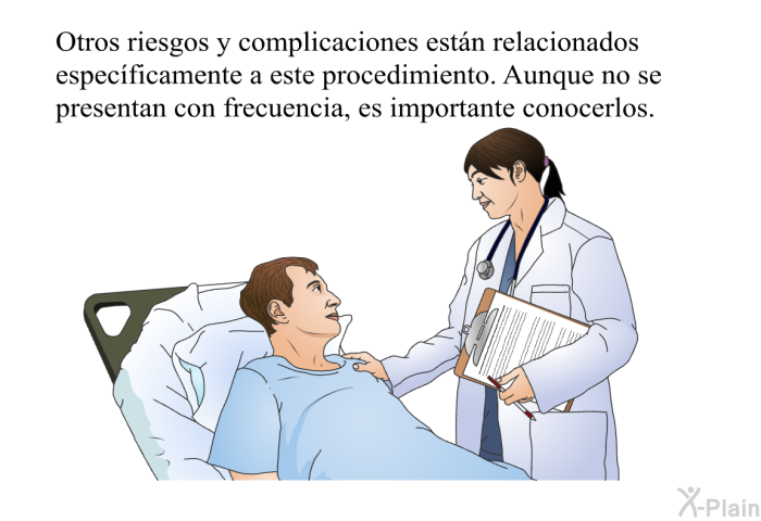 Otros riesgos y complicaciones estn relacionados especficamente a este procedimiento. Aunque no se presentan con frecuencia, es importante conocerlos.
