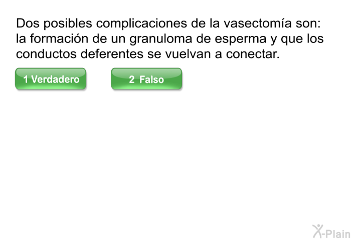 Dos posibles complicaciones de la vasectoma son: la formacin de un granuloma de esperma y que los conductos deferentes se vuelvan a conectar.