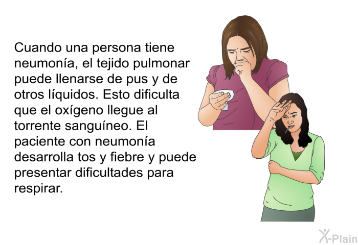 Cuando una persona tiene neumona, el tejido pulmonar puede llenarse de pus y de otros lquidos. Esto dificulta que el oxgeno llegue al torrente sanguneo. El paciente con neumona desarrolla tos y fiebre y puede presentar dificultades para respirar.