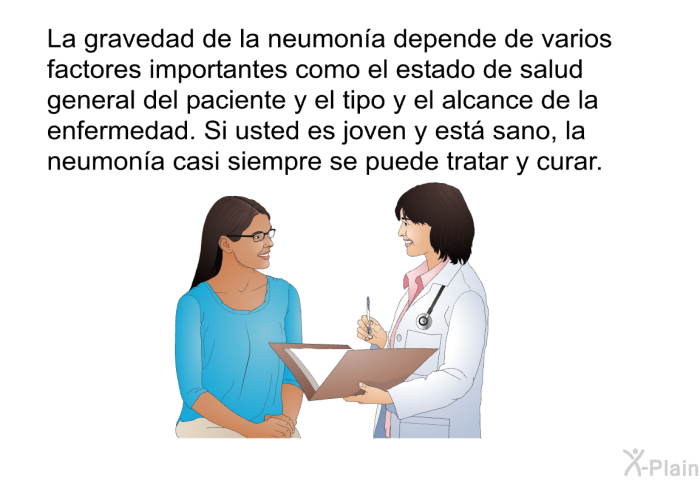 La gravedad de la neumona depende de varios factores importantes como el estado de salud general del paciente y el tipo y el alcance de la enfermedad. Si usted es joven y est sano, la neumona casi siempre se puede tratar y curar.