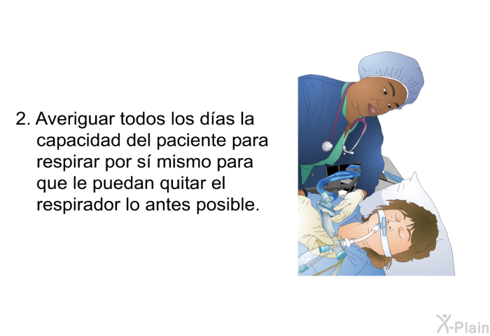 Averiguar todos los d�as la capacidad del paciente para respirar por s� mismo para que le puedan quitar el respirador lo antes posible.
