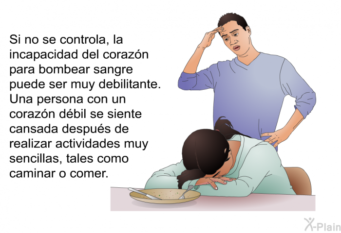 Si no se controla, la incapacidad del corazn para bombear sangre puede ser muy debilitante. Una persona con un corazn dbil se siente cansada despus de realizar actividades muy sencillas, tales como caminar o comer.