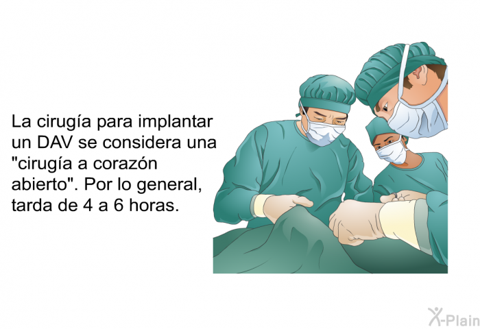 La cirug�a para implantar un DAV se considera una "cirug�a a coraz�n abierto". Por lo general, tarda de 4 a 6 horas.