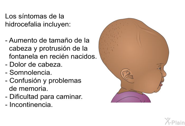 Los sntomas de la hidrocefalia incluyen:  Aumento de tamao de la cabeza y protrusin de la fontanela en recin nacidos. Dolor de cabeza. Somnolencia. Confusin y problemas de memoria. Dificultad para caminar Incontinencia.