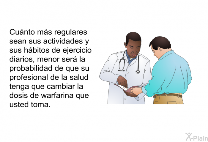 Cunto ms regulares sean sus actividades y sus hbitos de ejercicio diarios, menor ser la probabilidad de que su profesional de la salud tenga que cambiar la dosis de warfarina que usted toma.