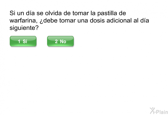Si un da se olvida de tomar la pastilla de warfarina, ¿debe tomar una dosis adicional al da siguiente?