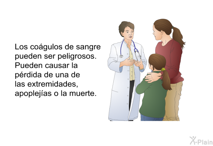 Los cogulos de sangre pueden ser peligrosos. Pueden causar la prdida de una de las extremidades, apoplejas o la muerte.