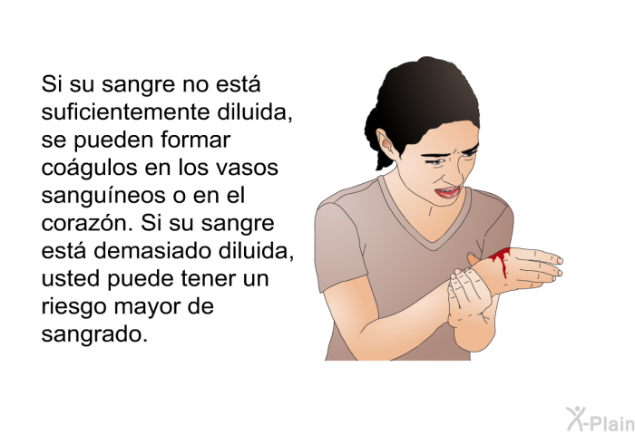 Si su sangre no est suficientemente diluida, se pueden formar cogulos en los vasos sanguneos o en el corazn. Si su sangre est demasiado diluida, usted puede tener un riesgo mayor de sangrado.