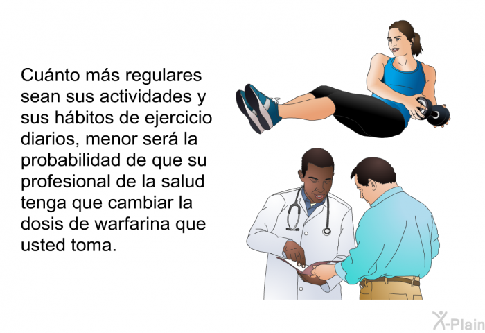 Cunto ms regulares sean sus actividades y sus hbitos de ejercicio diarios, menor ser la probabilidad de que su profesional de la salud tenga que cambiar la dosis de warfarina que usted toma.