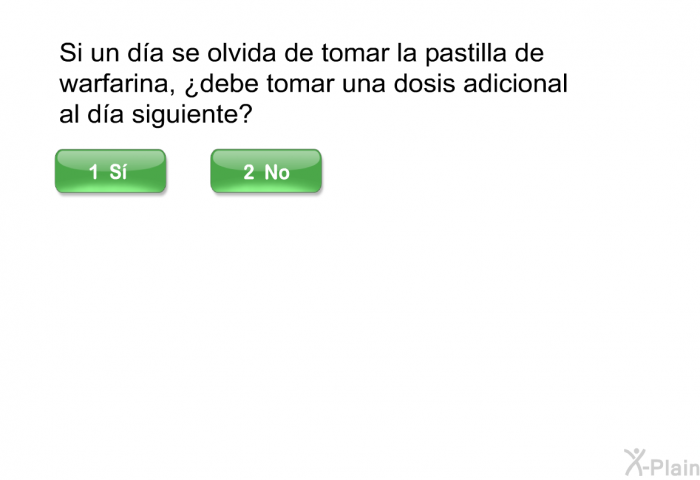 Si un da se olvida de tomar la pastilla de warfarina, ¿debe tomar una dosis adicional al da siguiente?