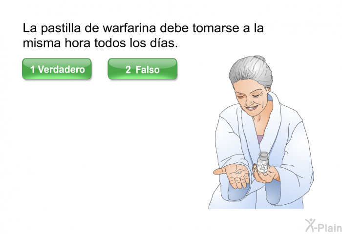 La pastilla de warfarina debe tomarse a la misma hora todos los das.