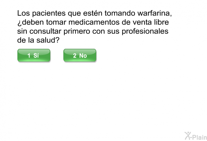 Los pacientes que estn tomando warfarina, ¿deben tomar medicamentos de venta libre sin consultar primero con sus profesionales de la salud?