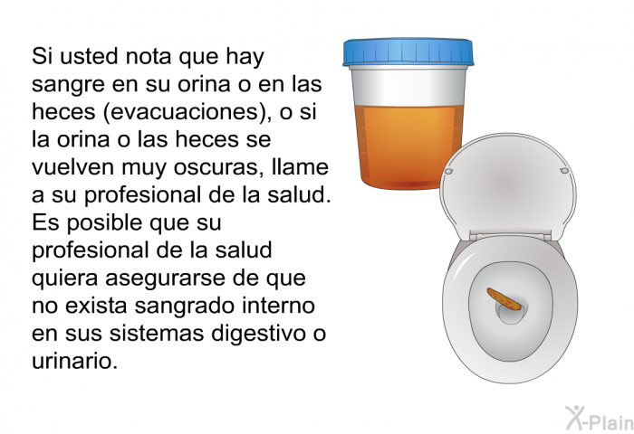 Si usted nota que hay sangre en su orina o en las heces (evacuaciones), o si la orina o las heces se vuelven muy oscuras, llame a su profesional de la salud. Es posible que su profesional de la salud quiera asegurarse de que no exista sangrado interno en sus sistemas digestivo o urinario.