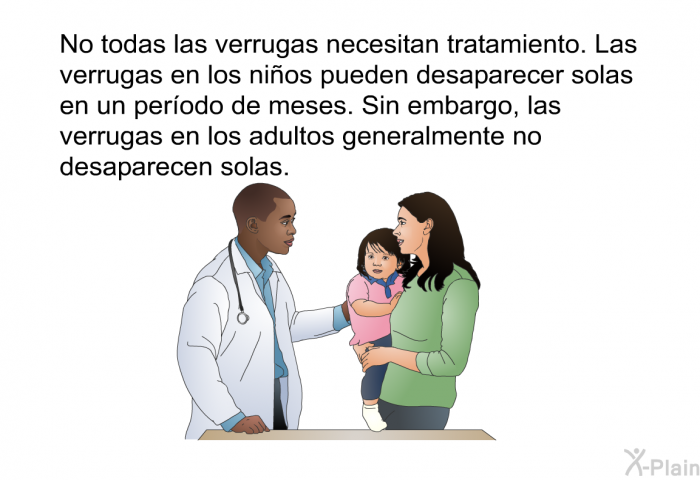 No todas las verrugas necesitan tratamiento. Las verrugas en los nios pueden desaparecer solas en un perodo de meses. Sin embargo, las verrugas en los adultos generalmente no desaparecen solas.