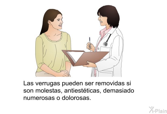 Las verrugas pueden ser removidas si son molestas, antiestticas, demasiado numerosas o dolorosas.