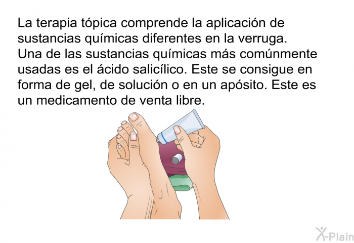 La terapia tpica comprende la aplicacin de sustancias qumicas diferentes en la verruga. Una de las sustancias qumicas ms comnmente usadas es el cido saliclico. Este se consigue en forma de gel, de solucin o en un apsito. Este es un medicamento de venta libre.