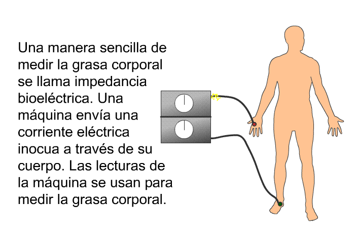 Una manera sencilla de medir la grasa corporal se llama impedancia bioelctrica. Una mquina enva una corriente elctrica inocua a travs de su cuerpo. Las lecturas de la mquina se usan para medir la grasa corporal.