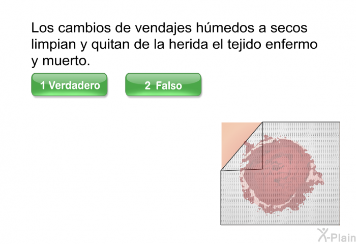 Los cambios de vendajes hmedos a secos limpian y quitan de la herida el tejido enfermo y muerto. Seleccione Verdadero o Falso.