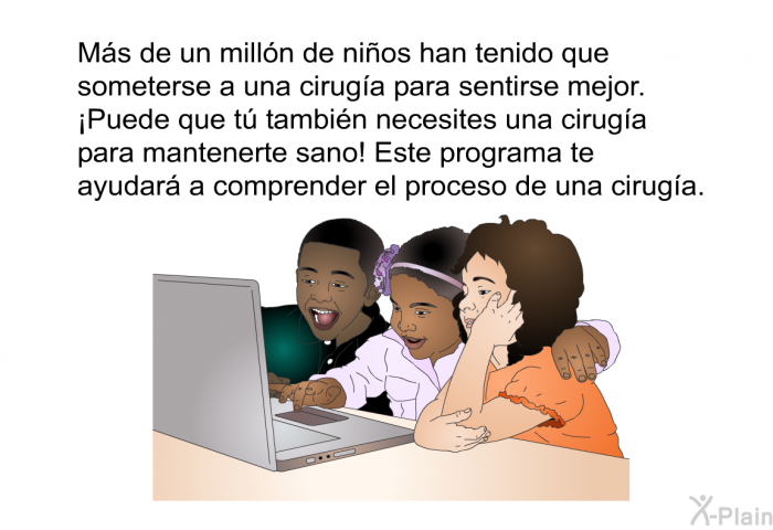 Ms de un milln de nios han tenido que someterse a una ciruga para sentirse mejor. ¡Puede que t tambin necesites una ciruga para mantenerte sano! Esta informacin acerca de su salud te ayudar a comprender el proceso de una ciruga.